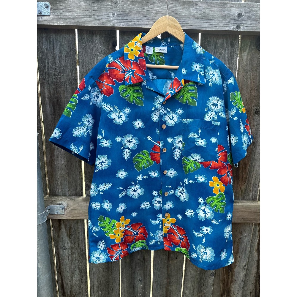 Mens Stitch XL Hawaiian Aloha Floral Button Down Shirt